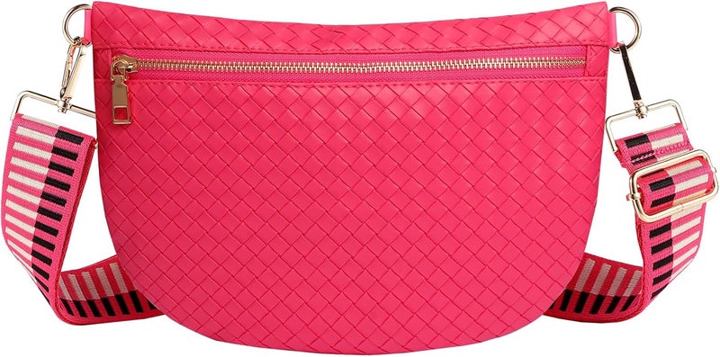 Dealkion Woven Crossbody Bags for Women Leather Belt Bum Sling Purse Fanny Waist Pack Chest Shoulder Bag for Women-Pink - Image 1